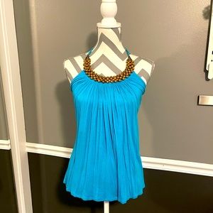 Teal halter top with beaded neckline